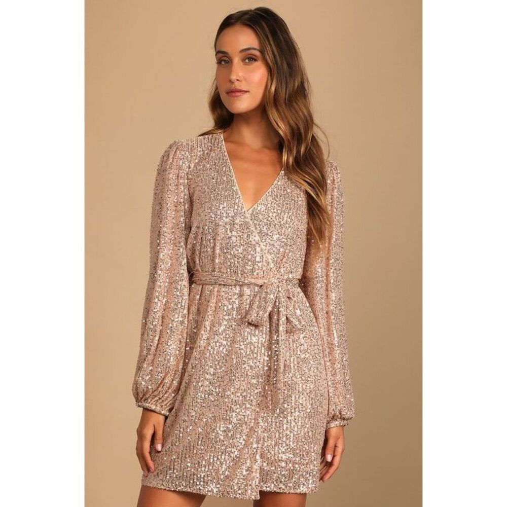 Lulu's Sequin Long Sleeve Dress in Rose Gold